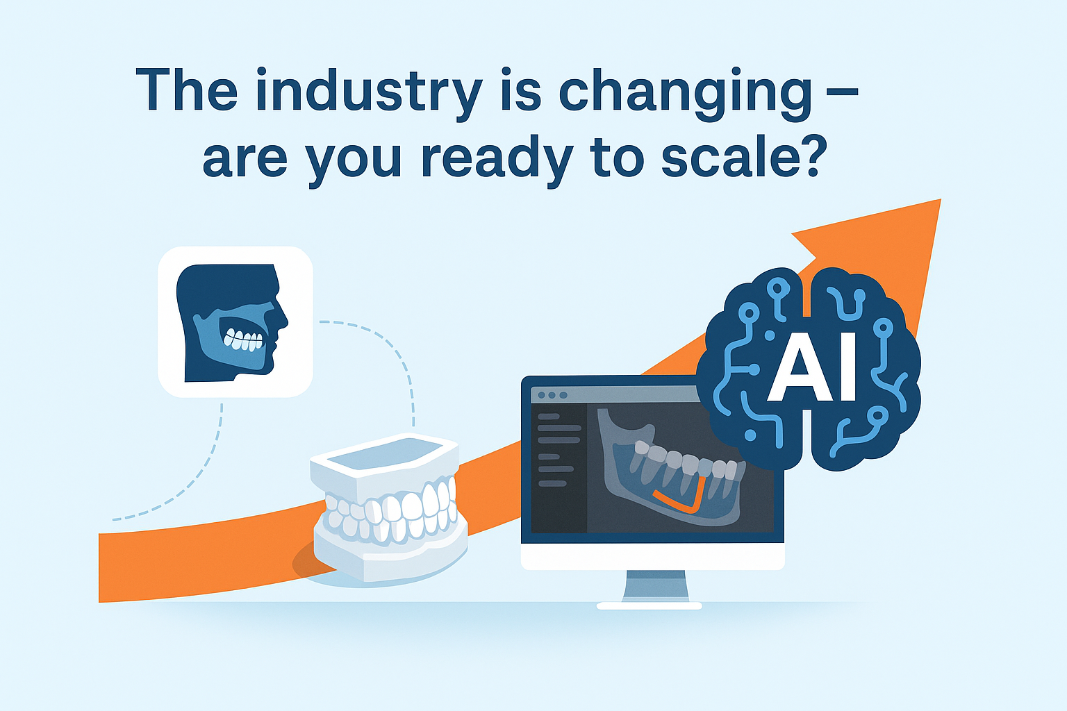  illustration showing AI-driven dental technology scaling, with an orange upward arrow, 3D teeth model, CBCT scan, implant planning software, and an AI brain icon, accompanied by the text 'The industry is changing – are you ready to scale?